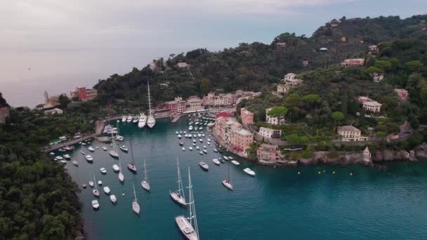 Establecimiento Tiro Dron Bahía Portofino Con Yates Pie Rodeado Coloridas — Vídeos de Stock