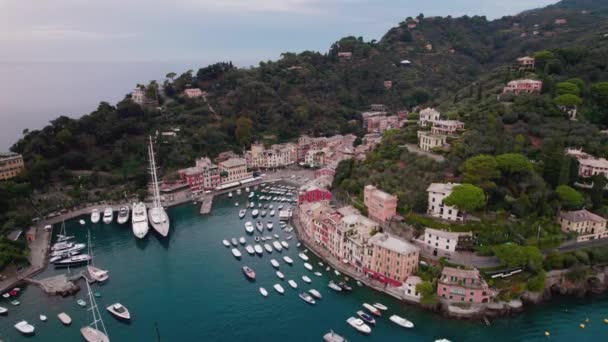 Καθιέρωση Drone Shot Του Κόλπου Portofino Γιοτ Στέκεται Αυτό Που — Αρχείο Βίντεο