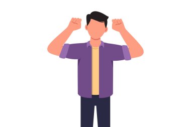 İş konsepti tasarımı. Şirketin mutlu çalışanı güçlü bir poz veriyor. Jestleri olan genç bir iş adamı iki elini havaya kaldırdı. Ofis çalışanı. Başarı konsepti. Vektör çizimi düz çizgi film biçimi