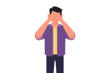 İş konsepti tasarımı genç işadamı elini göğsüne koyuyor. Göğüs ağrısı ya da kalp krizi geçiren bir erkek. Sağlık hizmeti konsepti. Duygu ve vücut dili. Vektör çizimi düz çizgi film biçimi