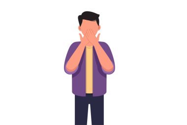 İş konsepti. Düz iş adamı tarzı. Ağzını elleriyle kapatıyor. Erkek ağzı, elleri utançla şoke olmuş, korkunun ifadesi, sessizlik içinde korkmak, sır. Grafik tasarım vektör çizimi