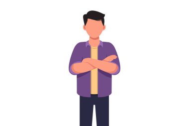 Kollarını kavuşturarak gülümseyen, kendine güvenen genç iş adamının düz çizimi. Kollarını kavuşturmuş vaziyette duran aktif bir erkek müdür ya da ofis çalışanı. Çizgi film grafik tasarım vektör çizimi