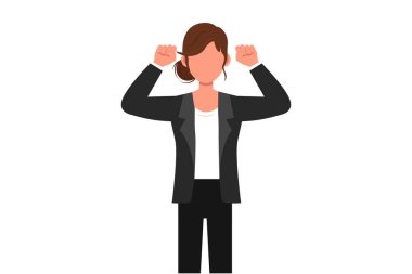 Şirketin mutlu çalışanlarını çeken iş tasarımı güçlü bir pozda duruyor. Jestleri olan genç bir iş kadını. İki eli havada. Ofis çalışanı. Başarı konsepti. Düz çizgi film biçimi vektör çizimi