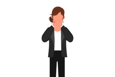 İş kadınının elleriyle ağzını kapadığı düz çizim. Kadın ağzı, elleri utançla şoke olmuş, korkunun ifadesi, sessizlik içinde korkmak, sır. Çizgi film tasarım vektör çizimi