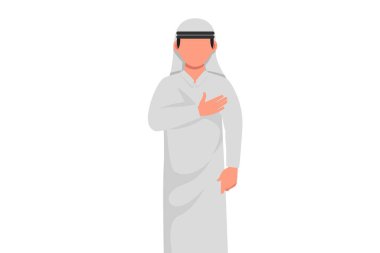 Genç Arap iş adamının elini göğsüne koyduğu bir iş. Gülümseyen dost canlısı erkek şükranlarını sunuyor. Duygular ve vücut dili kavramı. Çizgi film stili grafik tasarım vektör çizimi