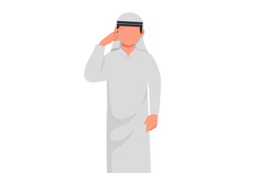 İş tasarımı Arap işadamını şakaklarına dokunurken çekiyor, bir şey hatırlıyor. Erkek parmağının kafasında olması, yorgun hissetmesi, kronik iş stresi. Düz çizgi film biçimi vektör çizimi