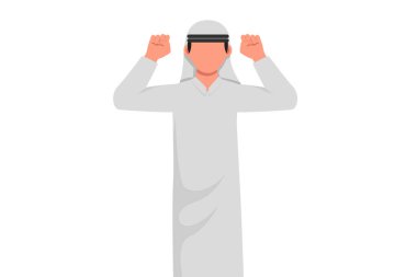 Şirketin mutlu çalışanlarını güçlü pozlarda gösteren düz çizgi film tarzı. El kol hareketleri yapan Arap bir işadamı. Ofis çalışanı. - Başarı. Grafik tasarım vektör çizimi