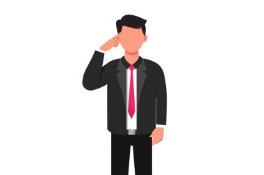 İş dünyası düz çizgi film tarzında iş adamının alnına dokunduğu ya da tuttuğu çizimler. Düşünceli erkek yönetici düşünüp yukarı bakıyor. Modern yaşam tarzı konsepti. Grafik tasarım vektör çizimi