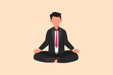 Yoga yapan ve yoğun işte dinlenen rahat iş adamı çizimi. Ofis çalışanı yoga pozu, meditasyon, rahatlama, sakinleşme, stresle başa çıkma. Çizgi film tasarım vektör çizimi