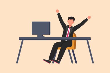 İş tasarımı mutlu bir iş adamını iş yerinde bilgisayar başında el kaldırarak oturtuyor. Ofis çalışanı şirket projesinin başarısını kutluyor. Düz çizgi film biçimi vektör çizimi