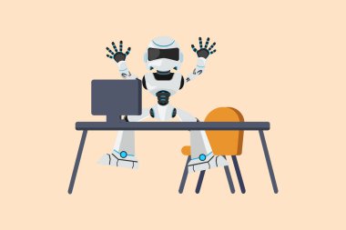İşletme düz çizgi film stili mutlu robot atlayışı çiziyor ve masa başı işyerinin yanında ellerini kaldırıyor. Modern robot yapay zekası. Elektronik teknoloji endüstrisi. Grafik tasarım vektör çizimi