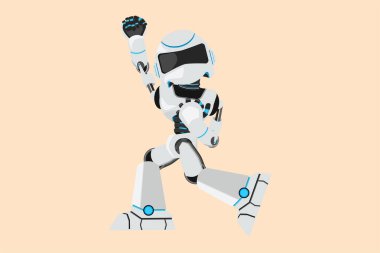 İş yassı çizgi film tarzı mutlu robot çizerek bir elini kaldır ve diğer elin evet pozunu ver. Robot yapay zeka. Teknoloji endüstrisi. Grafik çizim tasarımı vektör çizimi