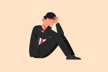 İş tasarımı depresif bir işadamını yerde otururken üzüyor. Stresli ofis çalışanı işini kaybediyor. Finansal kriz. Depresyon insanları konsepti. Düz çizgi film biçimi vektör çizimi