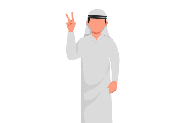 Business Plat Dessin Souriant Homme Arabe Montre Signe Victoire Jeune — Image vectorielle