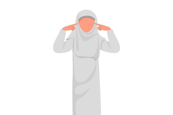 用手指捂住耳朵的阿拉伯女商人 嘈杂的表示大声的声音或音乐的噪音的表达 女经理不会听到失败的项目 卡通设计矢量图解 — 图库矢量图片