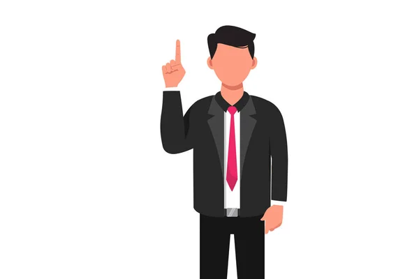 Business flat cartoon style drawing of happy businessman pointing index finger up gesture. Male manager raising or lifting hand to upward. Emotion and body language. Graphic design vector illustration