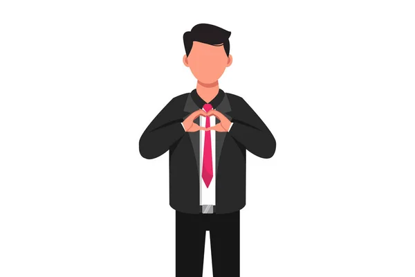 サポート ケアを表現する彼の手で心のサインを示すビジネスフラット図面立ってビジネスマン 胸の前で心臓のジェスチャーをする男 漫画デザインベクトルイラスト — ストックベクタ