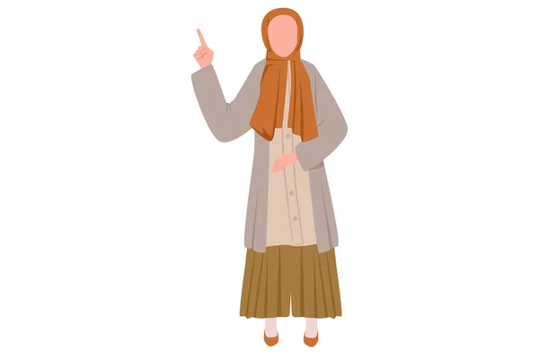 Business design drawing happy Arab businesswoman pointing index finger up gesture. Female manager raising or lifting hand to upward. Emotion and body language. Flat cartoon style vector illustration