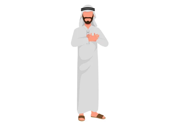 Geschäftsflachzeichnung Eines Arabischen Geschäftsmannes Mit Zufriedenem Gesichtsausdruck Hält Hand Auf — Stockvektor