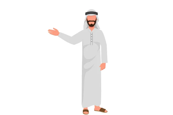 Geschäftsflache Zeichnung Junger Arabischer Geschäftsmann Zeigt Mit Der Hand Etwas — Stockvektor