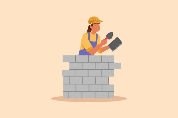 Business Design Dessin Belle Réparatrice Bâtiment Mur Briques Travailleur Construction — Image vectorielle