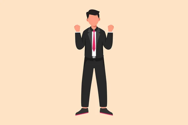 Business flat drawing happy businessman standing with both hands and yes gesture. Cheerful office worker celebrate success achievement of company business project. Cartoon design vector illustration