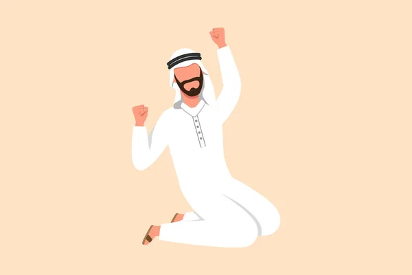 Geschäftsflache Cartoon Zeichnung Glücklicher Arabischer Geschäftsmann Der Mit Erhobener Und — Stockvektor