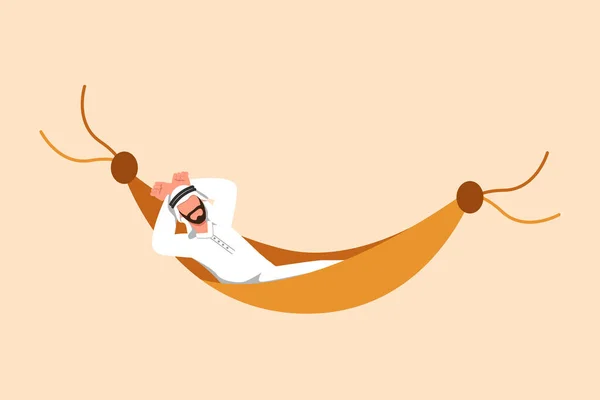 stock vector Business design drawing Arabian businessman lying in hammock and dreaming about big money. Comfort, vacation, resting and recreation. Achieve financial freedom. Flat cartoon style vector illustration