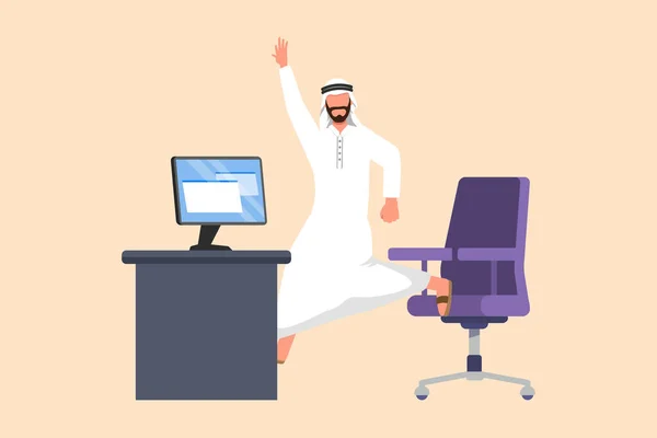 Biznes Design Rysunek Szczęśliwy Arabski Biznesmen Skacze Tańczy Pobliżu Biurka — Wektor stockowy