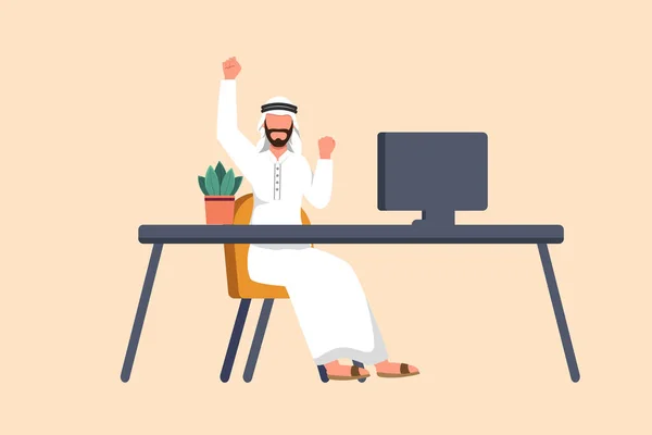 Biznes Projekt Rysunek Szczęśliwy Arabski Biznesmen Siedzi Przy Biurku Podniesioną — Wektor stockowy