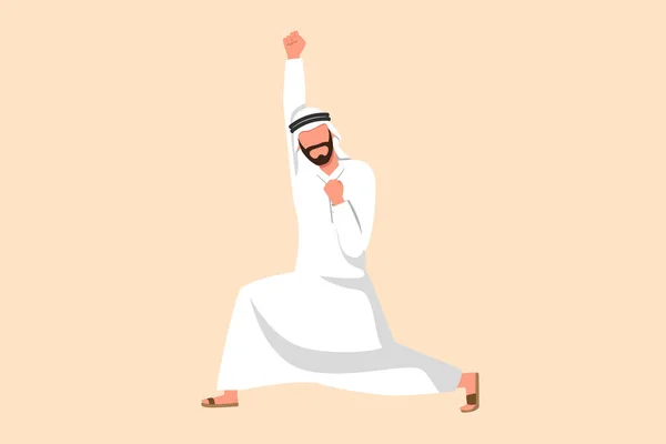 Gaya Kartun Datar Bisnis Menarik Bahagia Arab Pengusaha Berdiri Dengan - Stok Vektor