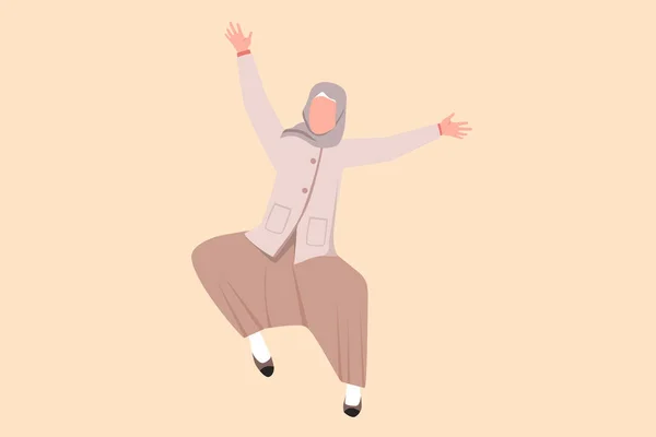 幸せなアラビアのビジネスマンの女性を描くビジネスフラット漫画スタイルは手を上げてジャンプします 労働者は会社からの給与の増加と利益を祝う 成功事業 グラフィックデザインベクトルイラスト — ストックベクタ