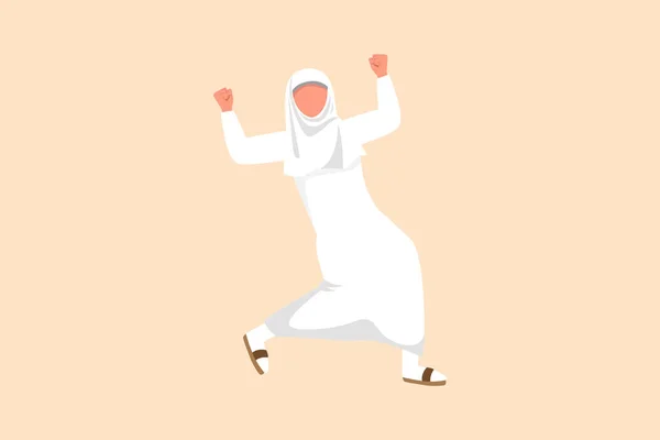 ビジネスデザインは幸せなアラブのビジネス女性が彼女の握りこぶしの手を上げて立って描画します マネージャーは 会社の製品販売の増加の成功を祝います フラット漫画スタイルのベクトルイラスト — ストックベクタ
