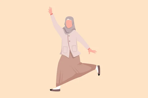 stock vector Business flat drawing happy Arab businesswoman jumping with spreads both legs and raises one hand. Office worker celebrate achievement of increasing product sales. Cartoon design vector illustration