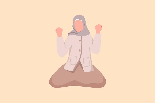 ビジネスフラット図面幸せなアラビアのビジネス女性が手とはいジェスチャーでひざまずいて 経営者は 企業の達成目標と目標の達成を祝う 漫画デザインベクトルイラスト — ストックベクタ