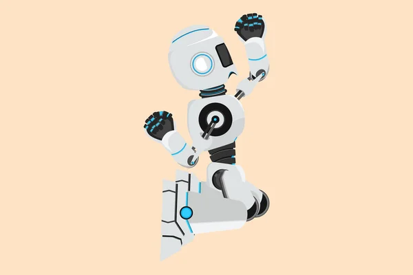 商务平面画中快乐的机器人跪在地上 一手高举 一手高举 成功的目标 人形机器人控制论生物 未来机器人的发展 卡通设计矢量图解 — 图库矢量图片