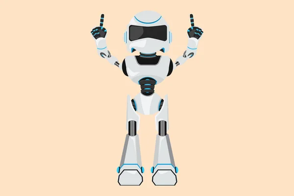商业平面画中快乐的机器人站在那里 双手高举食指 庆祝胜利 人形机器人控制论生物 未来机器人的发展 卡通设计矢量图解 — 图库矢量图片