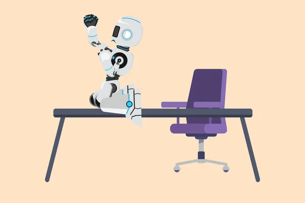 Business Design Drawing Happy Robot Kneeling Celebrating Goal Pose Table — Stock Vector
