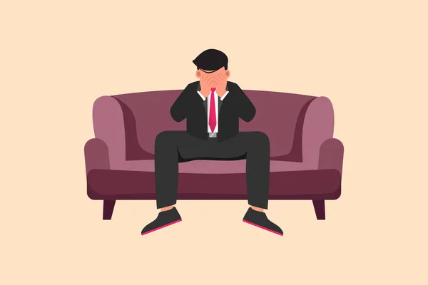 商业平面卡通画风格的商人坐在沙发上 低着头 忧心忡忡 一个孤独的男人坐在沙发上 失败和失业的概念 图形设计矢量说明 — 图库矢量图片