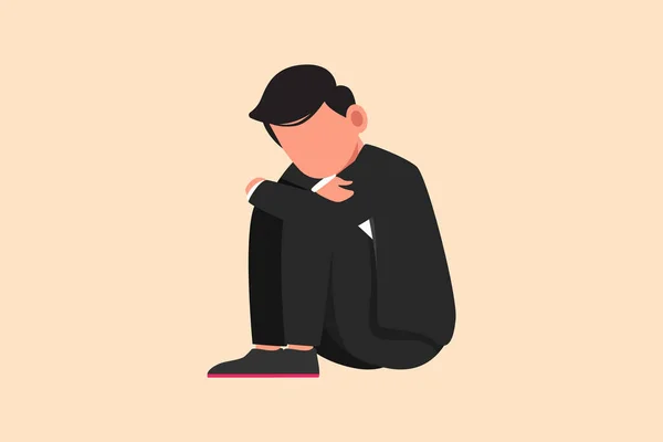 Business design drawing depressed businessman sitting in despair on the floor, suffer emotion sadness melancholy stress at office. Worker sad gesture expression. Flat cartoon style vector illustration