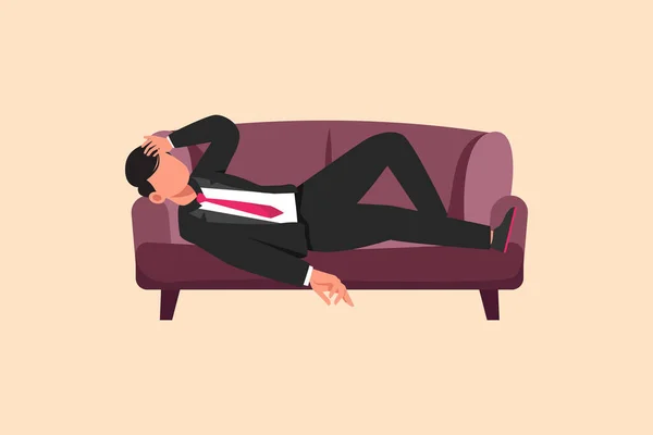 Stock vector Business design drawing depressed businessman sad tired sleepy resting on sofa. Frustrated worker holding head lying on sofa. Stressed and anxiety on failure. Flat cartoon style vector illustration