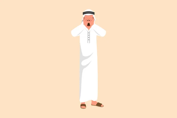 Die Zeichnung Eines Deprimierten Arabischen Geschäftsmannes Bedeckt Sein Gesicht Mit — Stockvektor