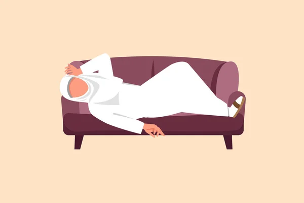 写生平淡压抑的阿拉伯女商人疲倦了 躺在沙发上休息 垂头丧气的工人躺在沙发上 不快乐 对失败的焦虑 卡通设计矢量图解 — 图库矢量图片