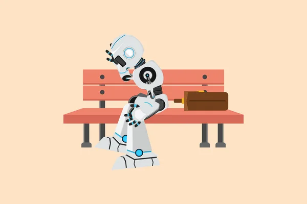 Business Piatto Disegno Robot Depresso Seduto Parco Panchina Solo Cyborg — Vettoriale Stock