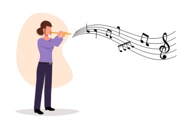 Kadın müzisyenlerin flüt çaldığı düz çizgi film tarzı bir iş. Flütçü rüzgar enstrümanında klasik müzik çalıyor. Yetenekli flütçünün tek kişilik performansı. Grafik tasarım vektör çizimi