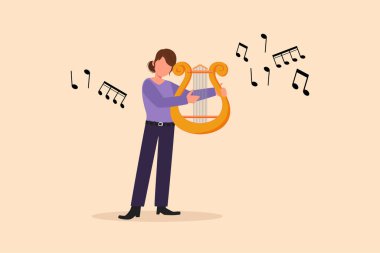 Müzikal Lir çalan kadın müzisyenlerin çizdiği düz çizgi film tarzı. Müzik enstrümanlı klasik müzik orkestrası kadın sanatçısı. Müzisyen sahnede çalıyor. Grafik tasarım vektör çizimi