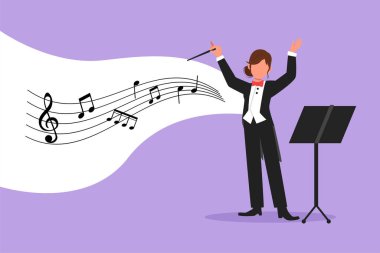 İş tasarımı kadın müzik orkestrası şefi. Smokin giymiş, kol hareketleri olan bir bayan müzisyen. Etkileyici orkestra şefi performans sırasında orkestrayı yönetir. Düz çizgi film vektör çizimi