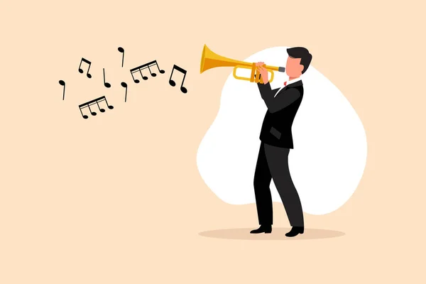 Negocios Dibujos Animados Planos Dibujar Hombre Jugar Trompeta Música Instrumental — Vector de stock