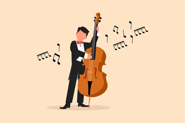 stock vector Business flat cartoon drawing double bass player standing with big string instrument. Man musician playing classical music with fingers. Professional contrabassist. Graphic design vector illustration