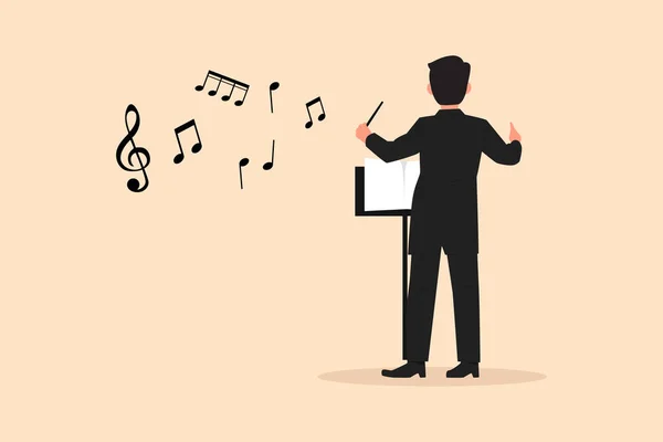 Business Flat Cartoon Style Draw Back View Man Conductor Performing — Vector de stock